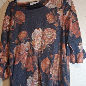 Time and Tru Navy Floral Scoop Neck Blouse with Rust Blooms L 260785